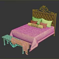Elegant Beige Upholstered Bed With Decorative Headboard Pink Pillows Side Bench And Yellow Blanket