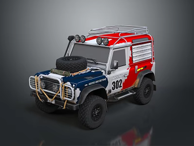 Red White Blue Off Road Car With Roof Rack Spare Tire Mesh Design Number 302 3d model