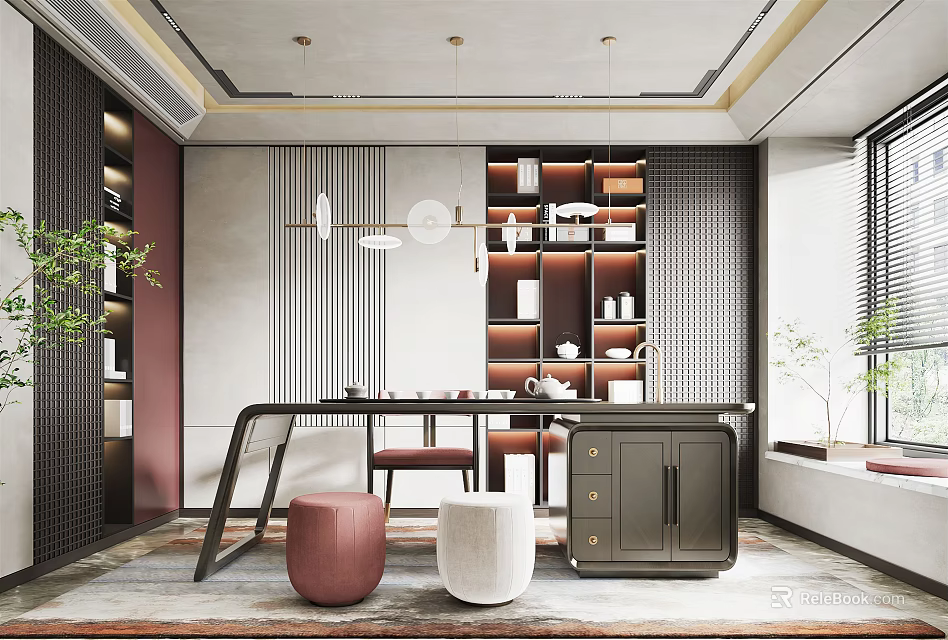 Modern Tea Room Interior Design With Open Layout Tea Table Chairs And Green Plants 3d model