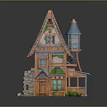 Charming Small Wooden Cottage With Blue Roof Tower And Green Grass