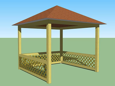 Wooden Gazebo With Red Roof Yellow Pillars And Lattice Fence In Outdoor Garden 3d model