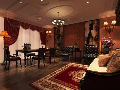 Luxurious Classic Interior Design With Chandelier Red Curtains Wooden Flooring And Leather Sofa 3d model