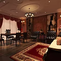 Luxurious Classic Interior Design With Chandelier Red Curtains Wooden Flooring And Leather Sofa