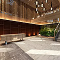 Modern Clubhouse Interior Design With Wooden Decor Green Plant Wall Glass Railing And Staircase