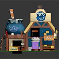 Cartoon Scene Featuring Cozy Shop Cheese Roof Blue Mug With Cream Striped Straw Little Figure