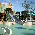Lush Green Park Landscape With Curved Walking Paths And Playground Facilities