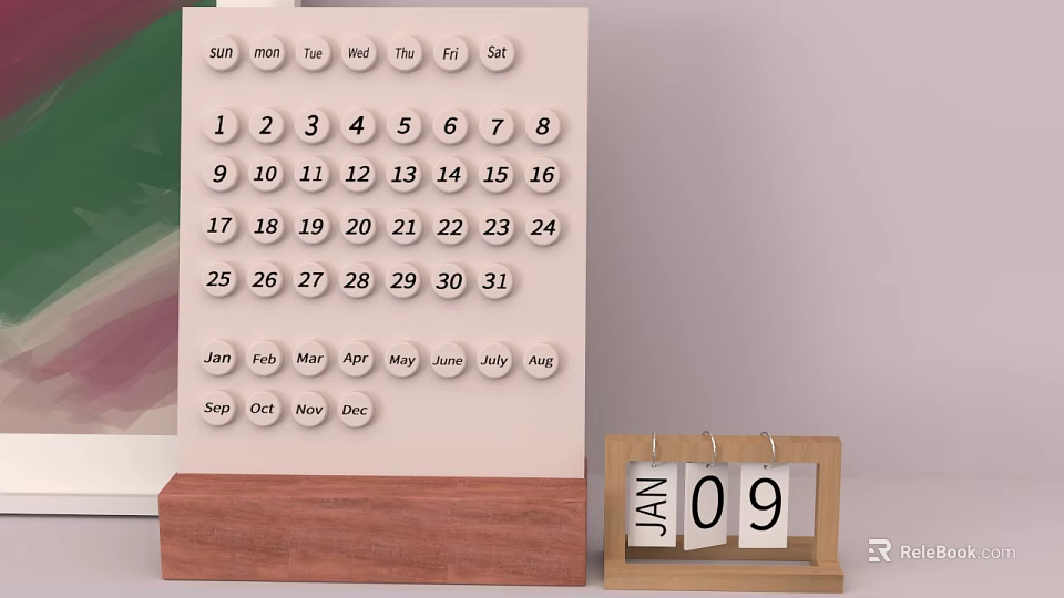 Large Monthly Calendar With Wooden Base And Small Desk January 09 3d model 