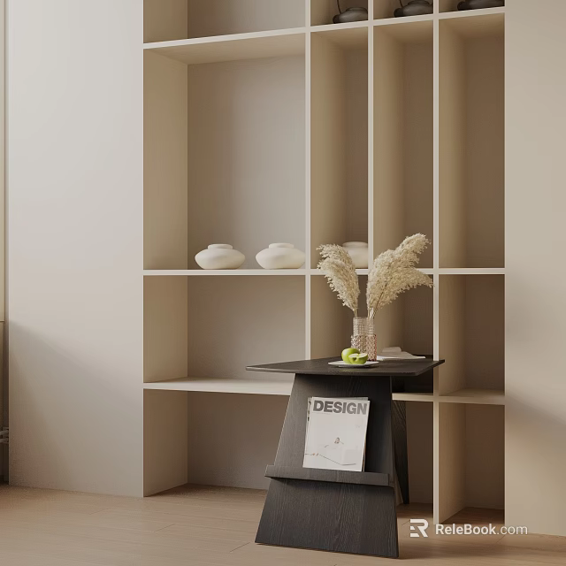 Modern Side Table With Vase Dried Pampas Grass And Green Fruits By Light Shelving Unit 3d model 