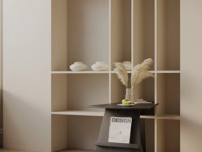 Modern Side Table With Vase Dried Pampas Grass And Green Fruits By Light Shelving Unit 3d model