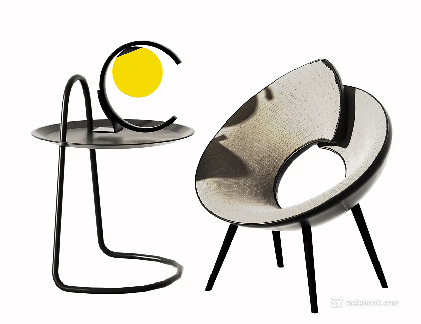 Modern Leisure Chair With Black Frame Mesh Seat And Side Table Yellow Decoration 3d model 