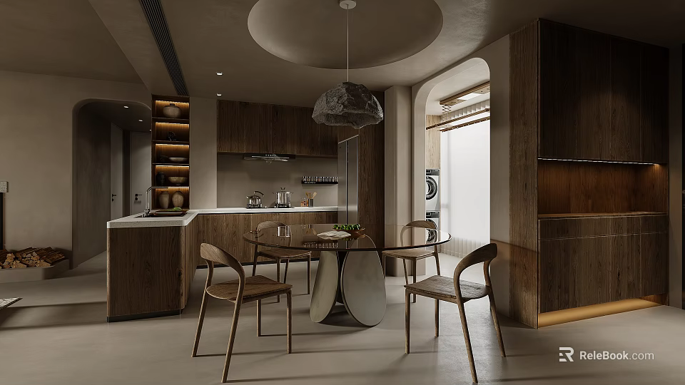 Modern Dining and Living Room Interior with Wooden Cabinets Round Table and Pendant Light 3d model 
