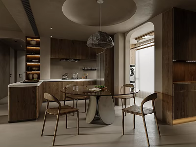 Modern Dining and Living Room Interior with Wooden Cabinets Round Table and Pendant Light 3d model