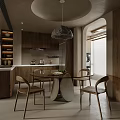Modern Dining and Living Room Interior with Wooden Cabinets Round Table and Pendant Light
