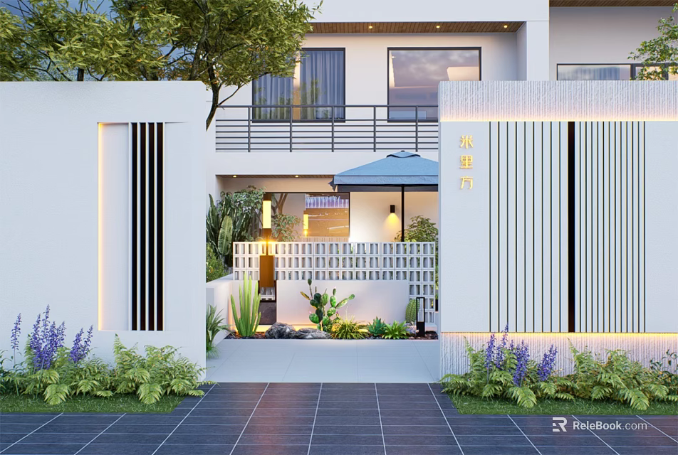 Modern White Feature Wall With Vertical Stripes Courtyard Green Plants And Decorative Lights 3d model 