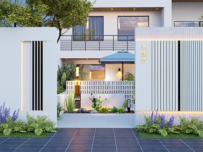 Modern White Feature Wall With Vertical Stripes Courtyard Green Plants And Decorative Lights 3d model