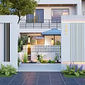 Modern White Feature Wall With Vertical Stripes Courtyard Green Plants And Decorative Lights