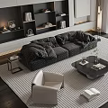 Modern Living Room Dark Sofa Coffee Table Set With Light Armchair And Striped Rug