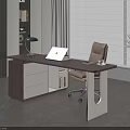 Modern Home Office Desk Interior With Laptop Brown Chair Desk Lamp And Plant