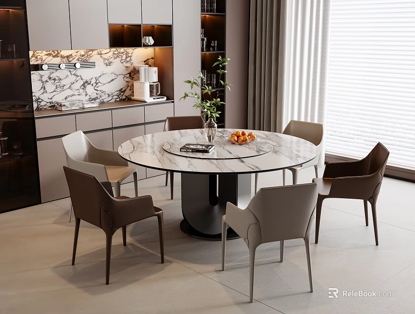 Modern Round Dining Table Set With Marble Top And Brown Beige Chairs 3d model 