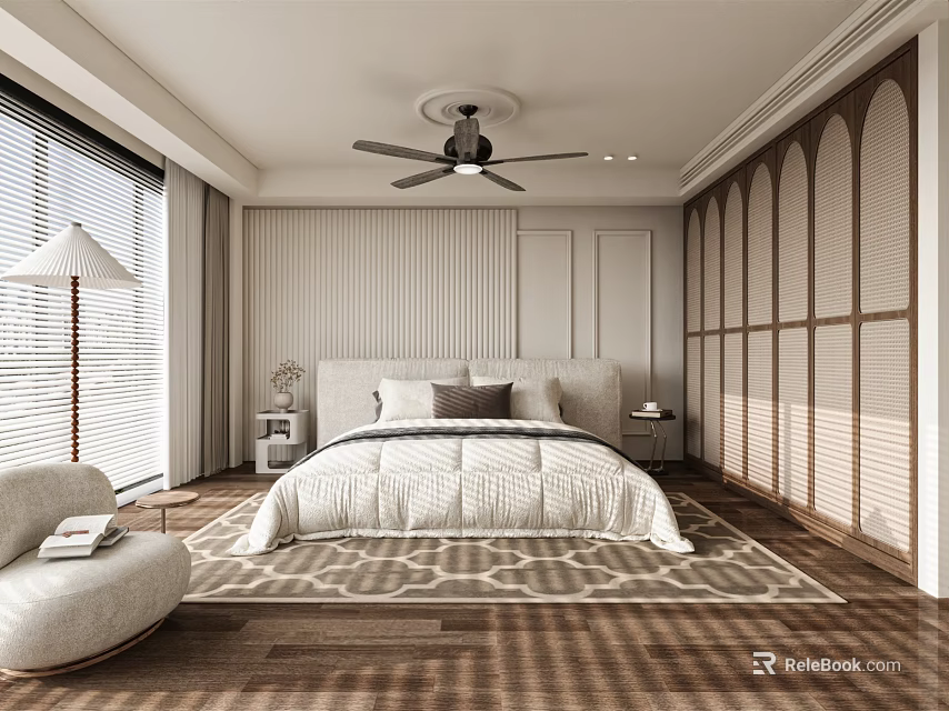 Modern Luxury Bedroom Interior With White Bed Wooden Floor Ceiling Fan Blinds And Beige Walls 3d model 