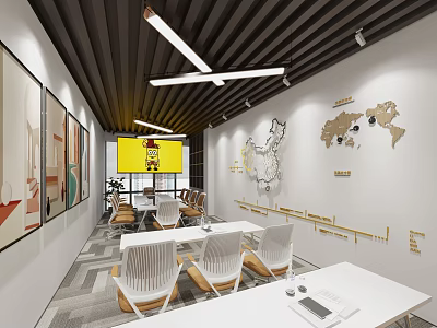 Modern Meeting Room With White Tables Beige Chairs World Map And Strip Lights 3d model