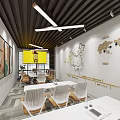 Modern Meeting Room With White Tables Beige Chairs World Map And Strip Lights