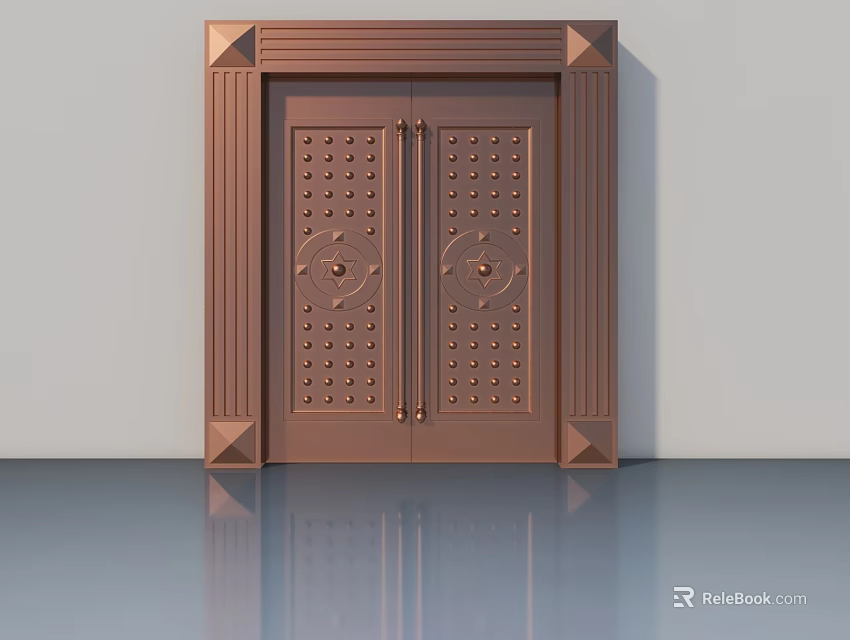 Copper Colored Double Swing Door With Decorative Rivets And Pillar Frame Design 3d model 
