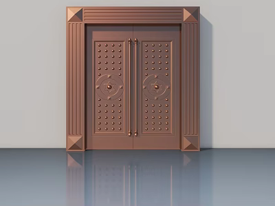 Copper Colored Double Swing Door With Decorative Rivets And Pillar Frame Design 3d model