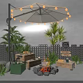 Outdoor Backyard Area With String Light Umbrella Fire Pit Wooden Crates And Plants 3d model