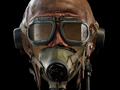 Vintage Leather Pilot Helmet With Oxygen Mask And Goggles For Aviation Collectibles 3d model