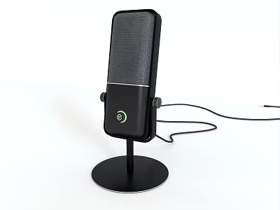 Professional Black Wired Microphone with Circular Base Stand and Green Control Button for Digital Use 3d model