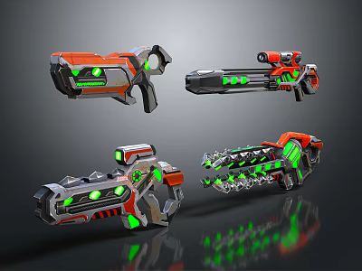 Sci Fi Weapons Design With Orange Gray Color And Green Glowing Elements 3d model