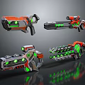 Sci Fi Weapons Design With Orange Gray Color And Green Glowing Elements 3d model