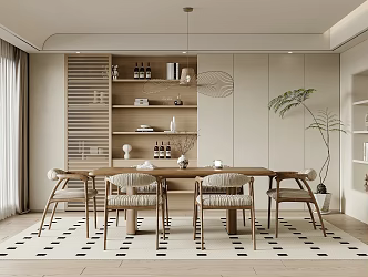 Restaurant Dining Table and Chair Wine Cabinet Chandelier Green Plant 3d model