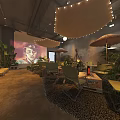 Industrial Style Bar Interior With Exposed Pipes Round Lights Green Plants And Projection Screen