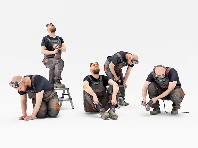 A Working Man Demonstrating Different Poses Like Squatting Kneeling And Standing On Stool 3d model