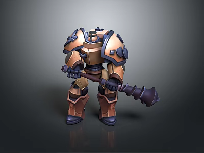 Game and Movie Character With Gold Blue Armored Body Holding War Hammer 3d model