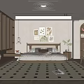 Modern Bedroom Interior With Wooden Bed Decorative Artworks Geometric Rug And Green Plant