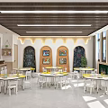 School Classroom With Round Tables Chairs Multimedia Screen And Decorative Paintings