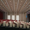 Modern Conference Room With Auditorium Seating Large Screen And Red Curtains