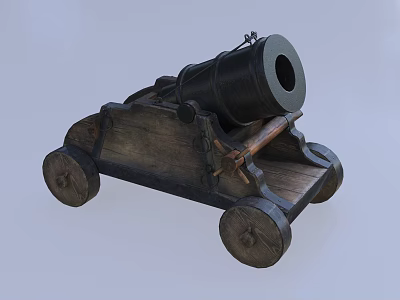 Ancient Weapon Cannon with Wooden Carriage Iron Barrel and Wheels 3d model
