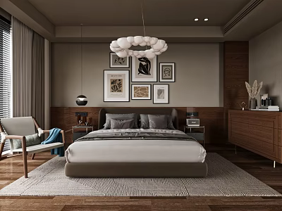 Modern Bedroom Interior Featuring Bed Chandelier Framed Art Bedside Tables Chair Rug And Wooden Floor 3d model