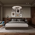 Modern Bedroom Interior Featuring Bed Chandelier Framed Art Bedside Tables Chair Rug And Wooden Floor