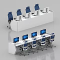 Modern Office Workstations With White Desks Blue Chairs And Computer Monitors 3d model