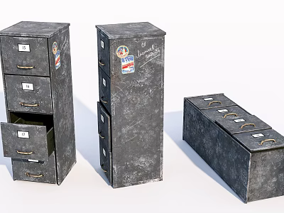 Three Vintage Metal Chest of Drawers with Stickers and Handwritten Marks 3d model
