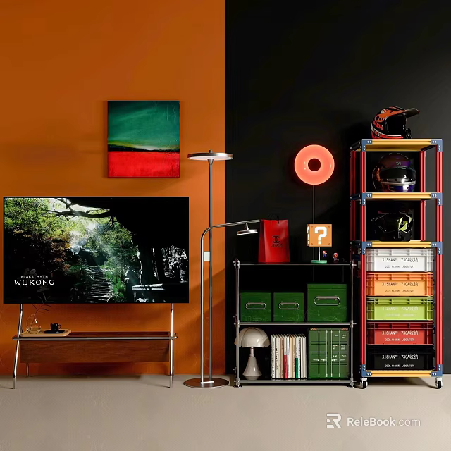 Modern TV Stand With TV Wall Painting Floor Lamp Storage Shelf Green Boxes And Books 3d model 