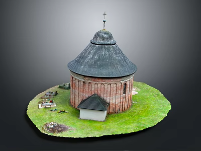 Circular Red Brick Building Model With Dome Roof Cross And Green Grass 3d model