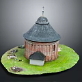 Circular Red Brick Building Model With Dome Roof Cross And Green Grass