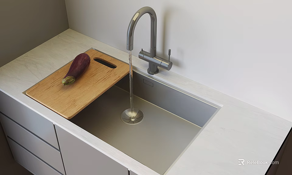 Modern Kitchen Faucet Over Sink With Wooden Cutting Board Eggplant Light Countertop And Gray Cabinets 3d model 