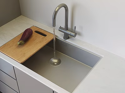 Modern Kitchen Faucet Over Sink With Wooden Cutting Board Eggplant Light Countertop And Gray Cabinets 3d model